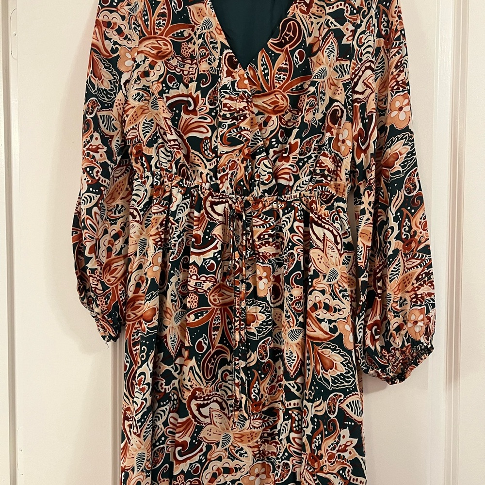 Floral Print Dress in Deep Green and Orange